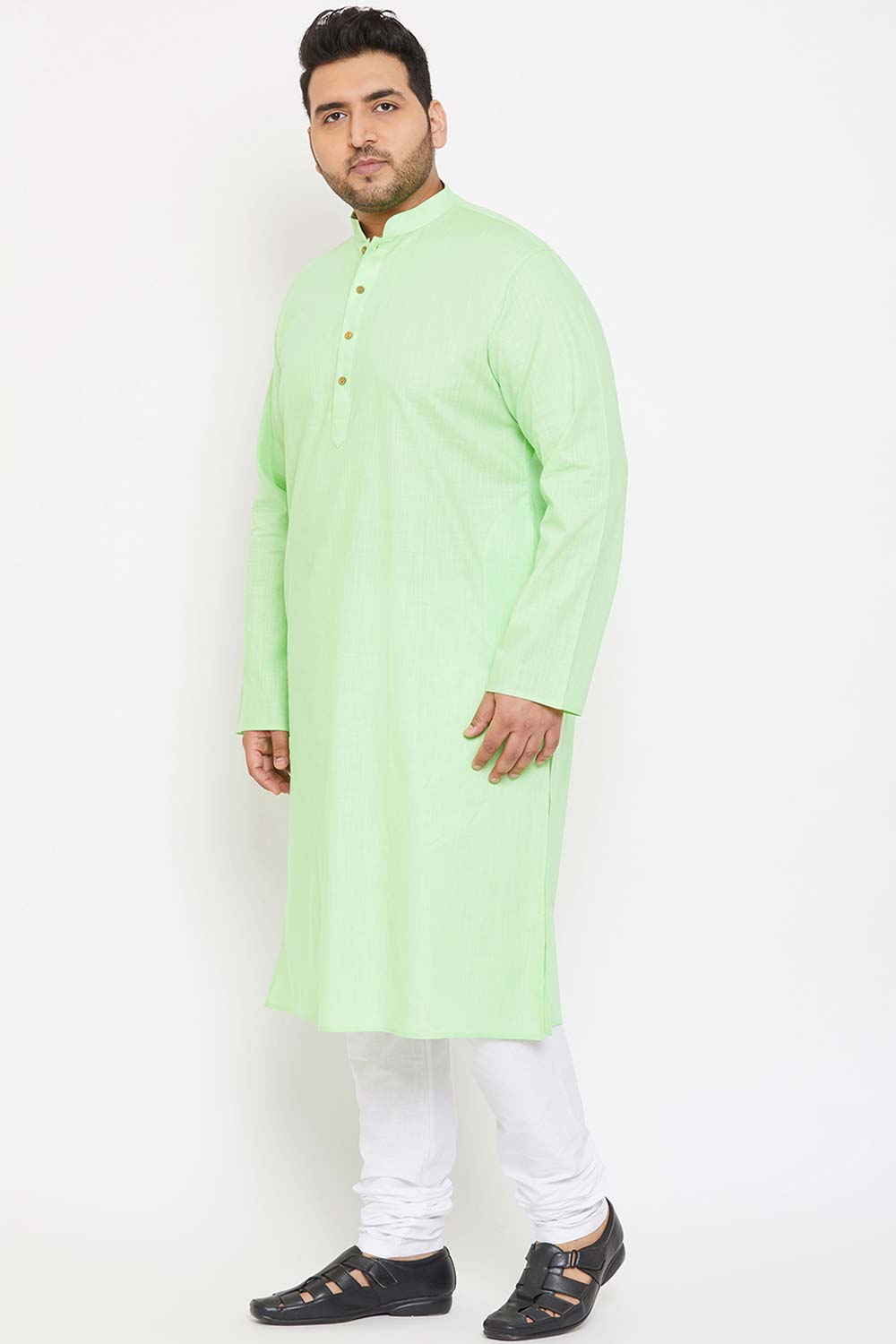 Buy Men's Cotton Blend Solid Kurta Set in Mint Green - Side