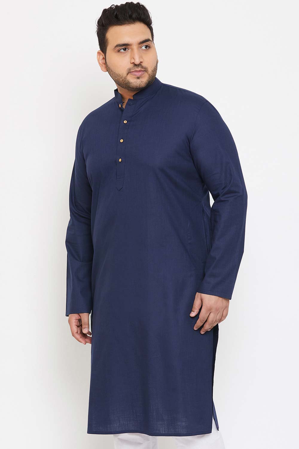 Buy Men's Cotton Blend Solid Kurta in Navy Blue - Side