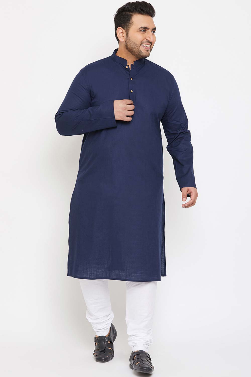 Buy Men's Cotton Blend Solid Kurta in Navy Blue - Zoom Out