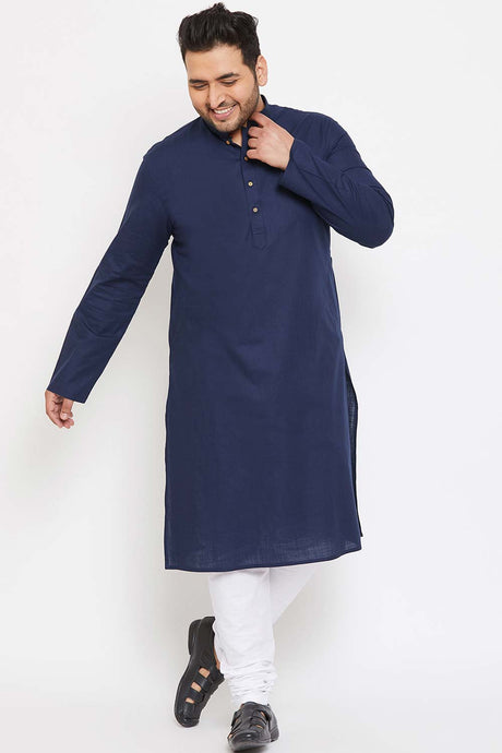 Buy Men's Cotton Blend Solid Kurta Set in Navy Blue - Front