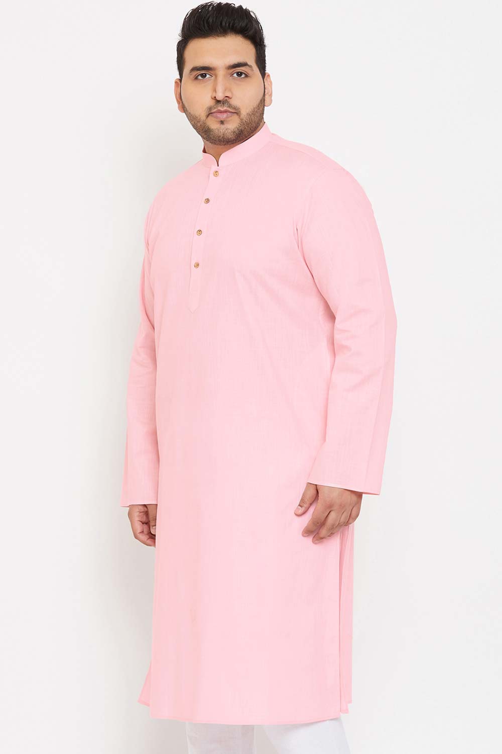 Buy Men's Cotton Blend Solid Kurta in Pink - Side