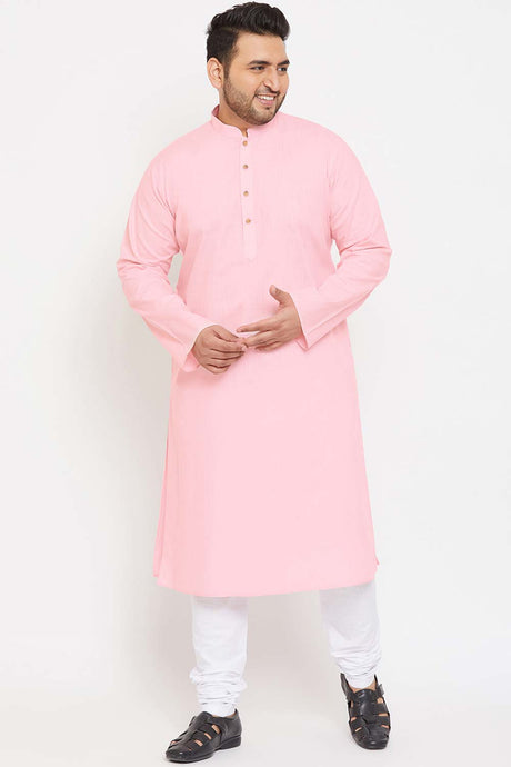 Buy Men's Cotton Blend Solid Kurta Set in Pink - Front
