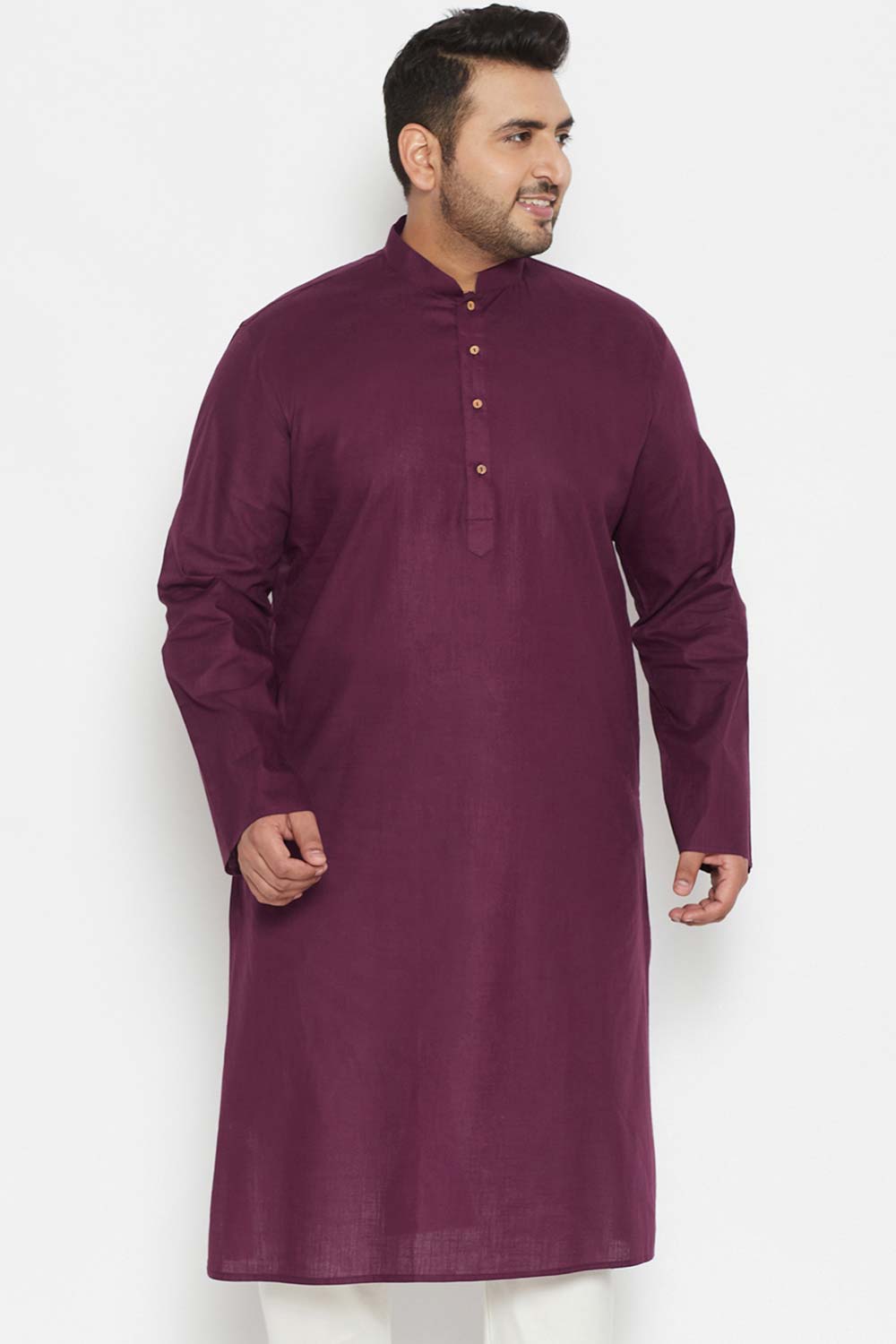 Buy Men's Cotton Blend Solid Kurta in Purple - Front