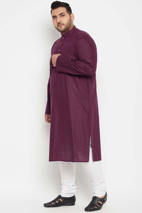 Buy Men's Cotton Blend Solid Kurta Set in Purple - Side