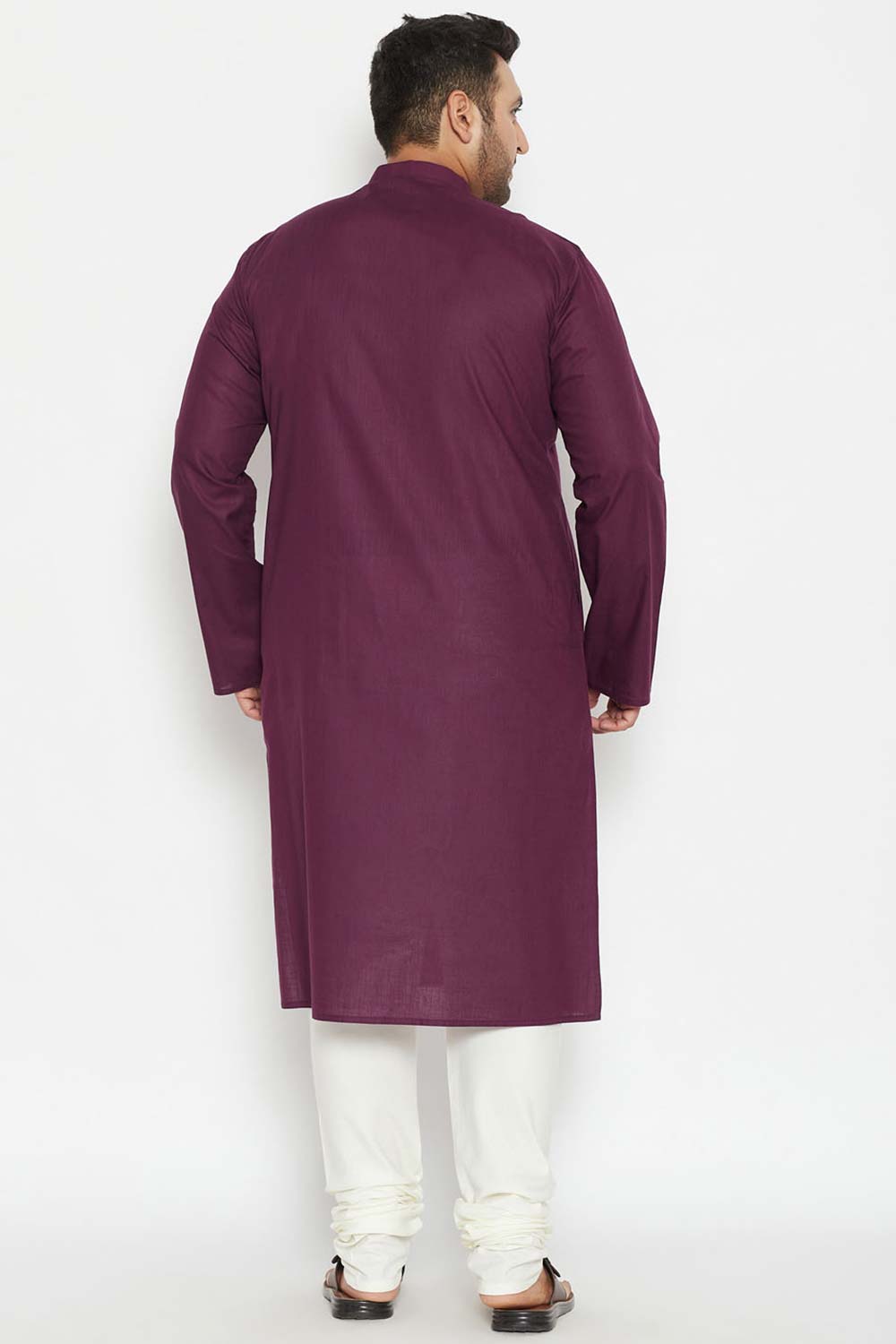 Buy Men's Cotton Blend Solid Kurta Set in Purple - Back