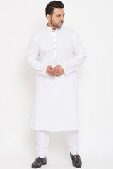 Buy Men's Cotton Blend Solid Kurta Set in White - Front