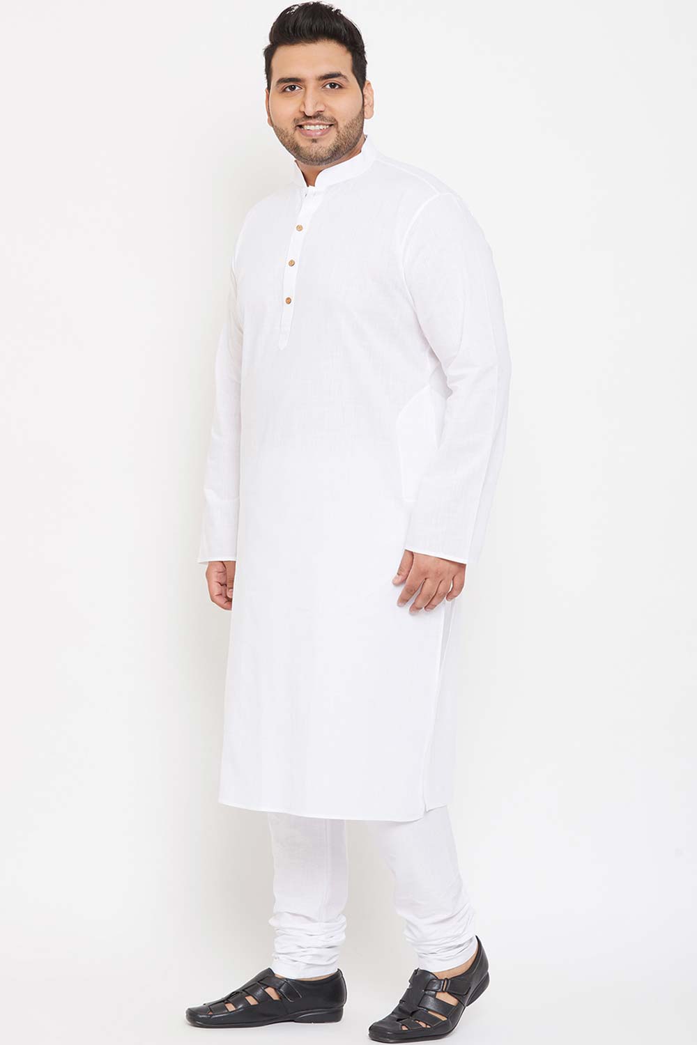 Buy Men's Cotton Blend Solid Kurta Set in White - Side