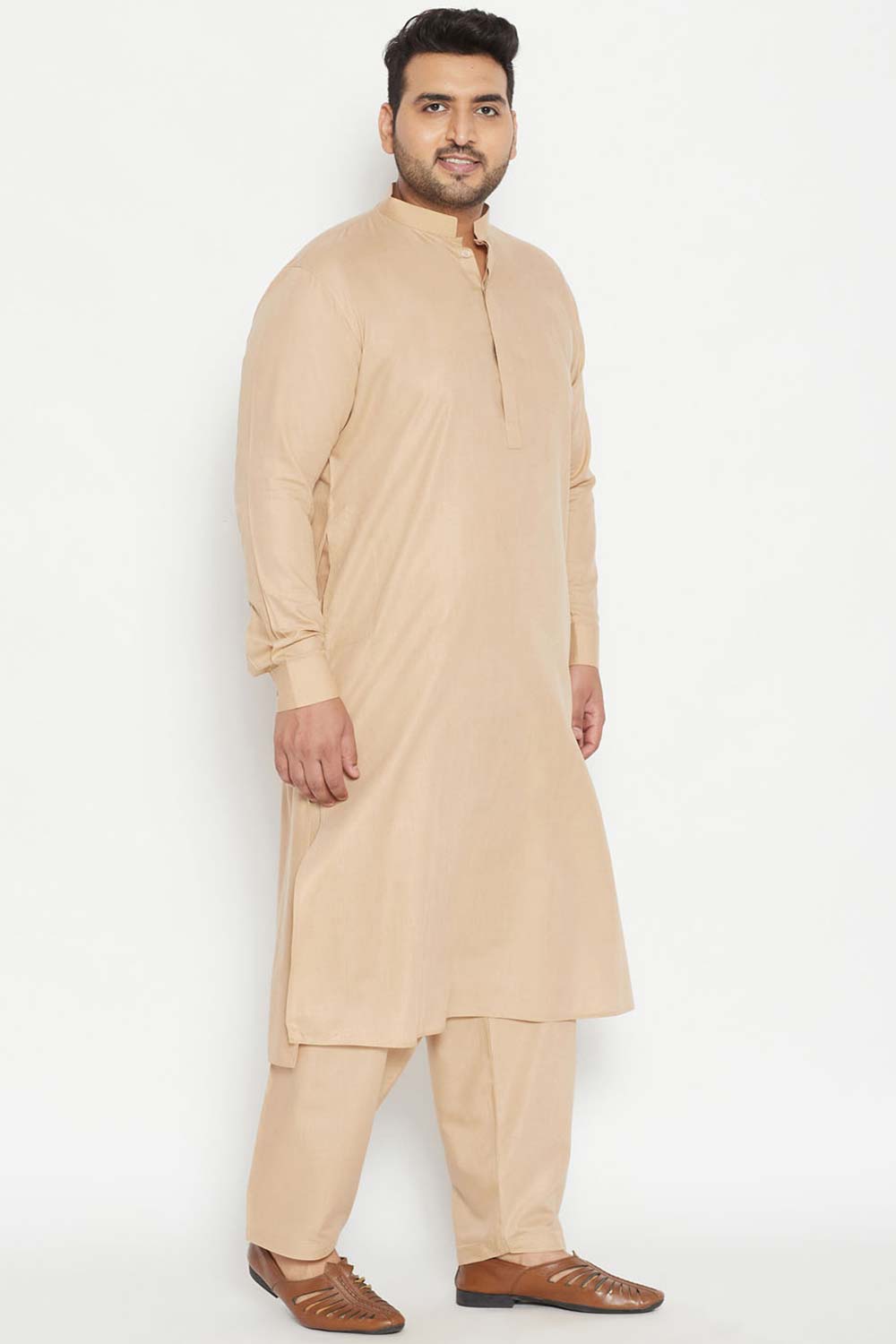 Buy Men's Cotton Blend Solid Kurta Set in Light Brown - Side