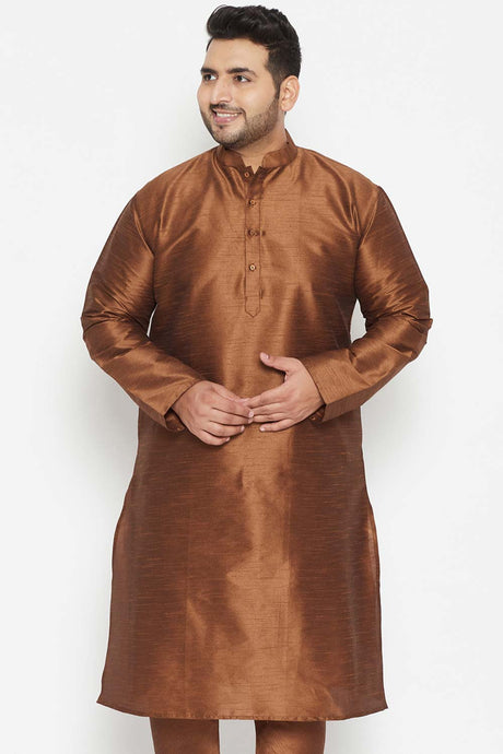 Buy Men's Silk Blend Solid Kurta in Coffee Brown - Front