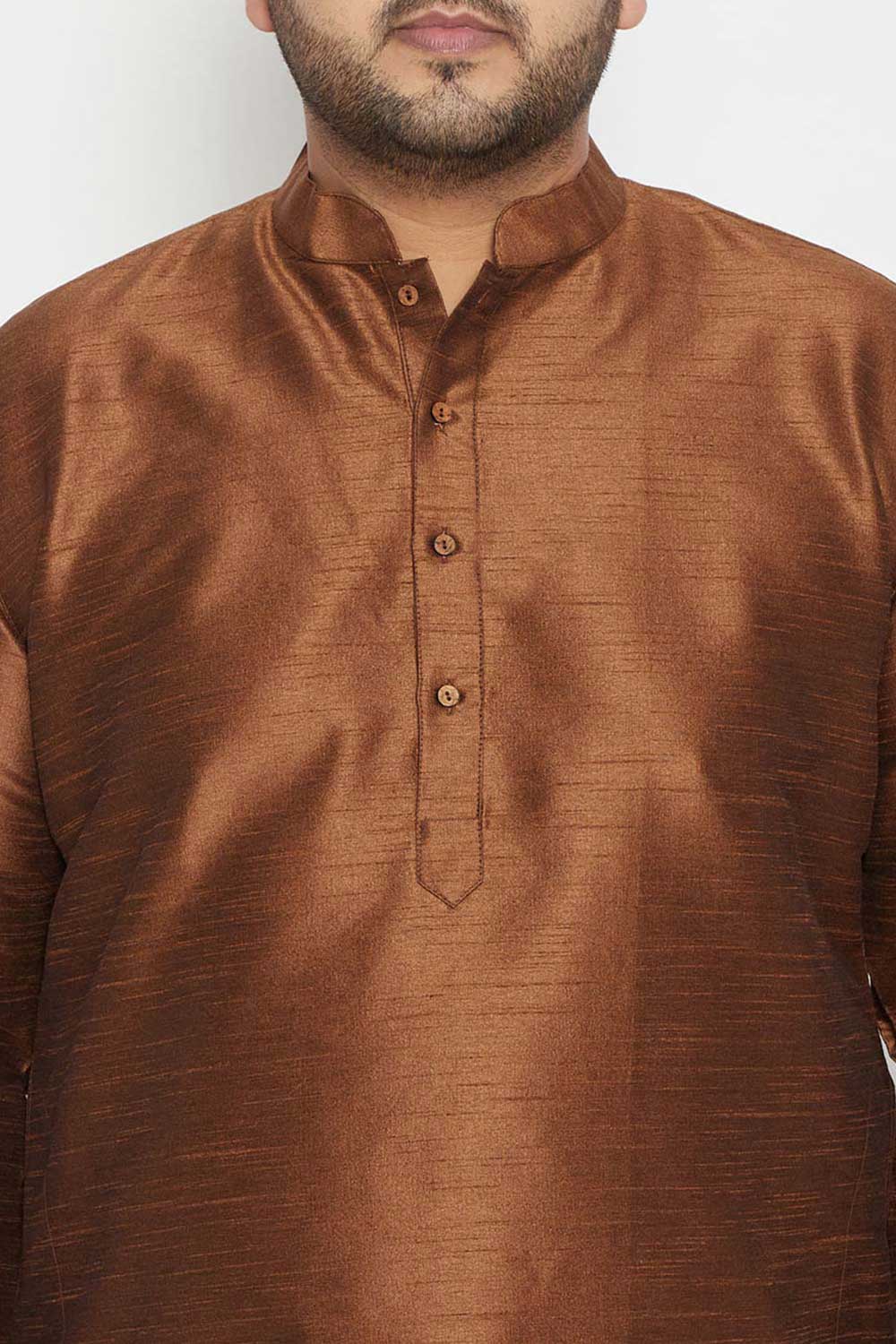 Buy Men's Silk Blend Solid Kurta in Coffee Brown - Zoom in