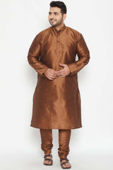 Buy Men's Silk Blend Solid Kurta Set in Coffee Brown - Front