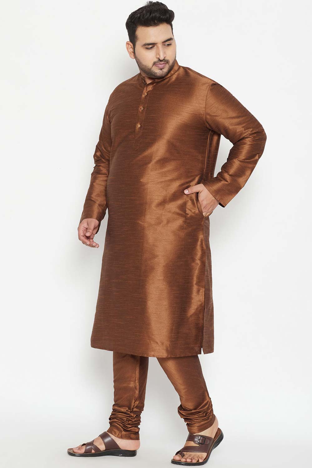 Buy Men's Silk Blend Solid Kurta Set in Coffee Brown - Side