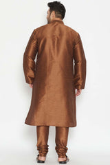 Buy Men's Silk Blend Solid Kurta Set in Coffee Brown - Back