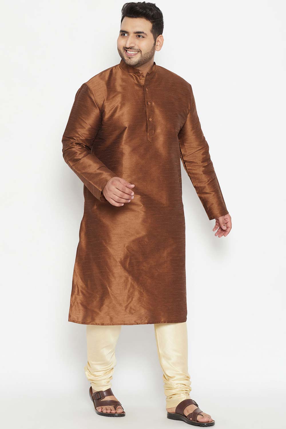 Buy Men's Silk Blend Solid Kurta Set in Coffee Brown - Front