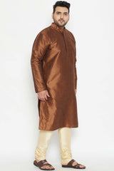 Buy Men's Silk Blend Solid Kurta Set in Coffee Brown - Side