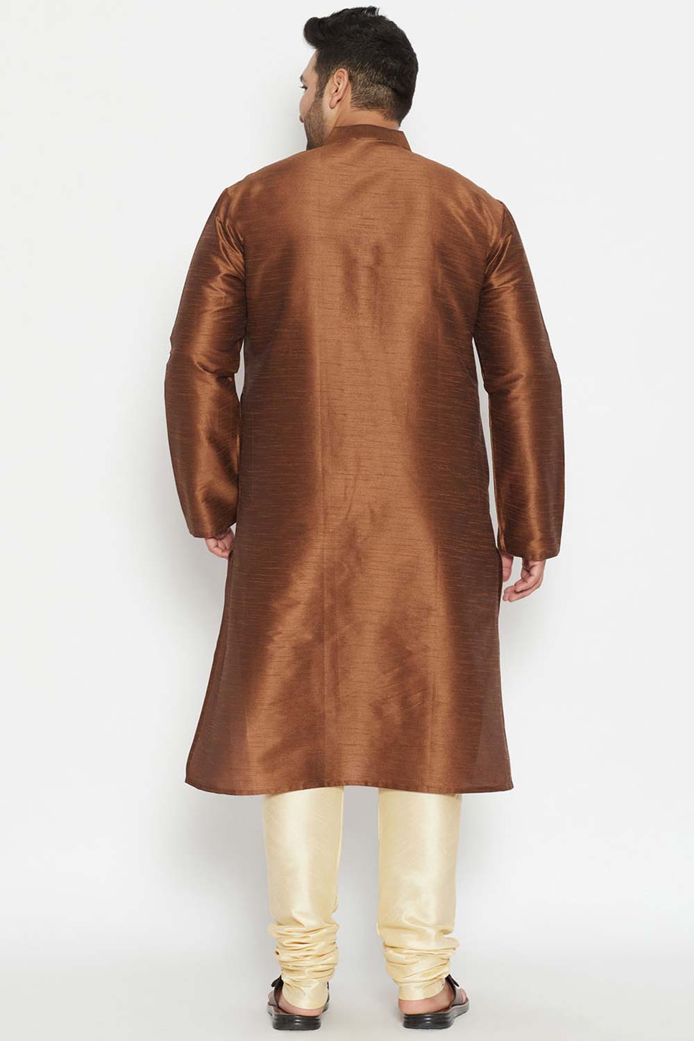 Buy Men's Silk Blend Solid Kurta Set in Coffee Brown - Back