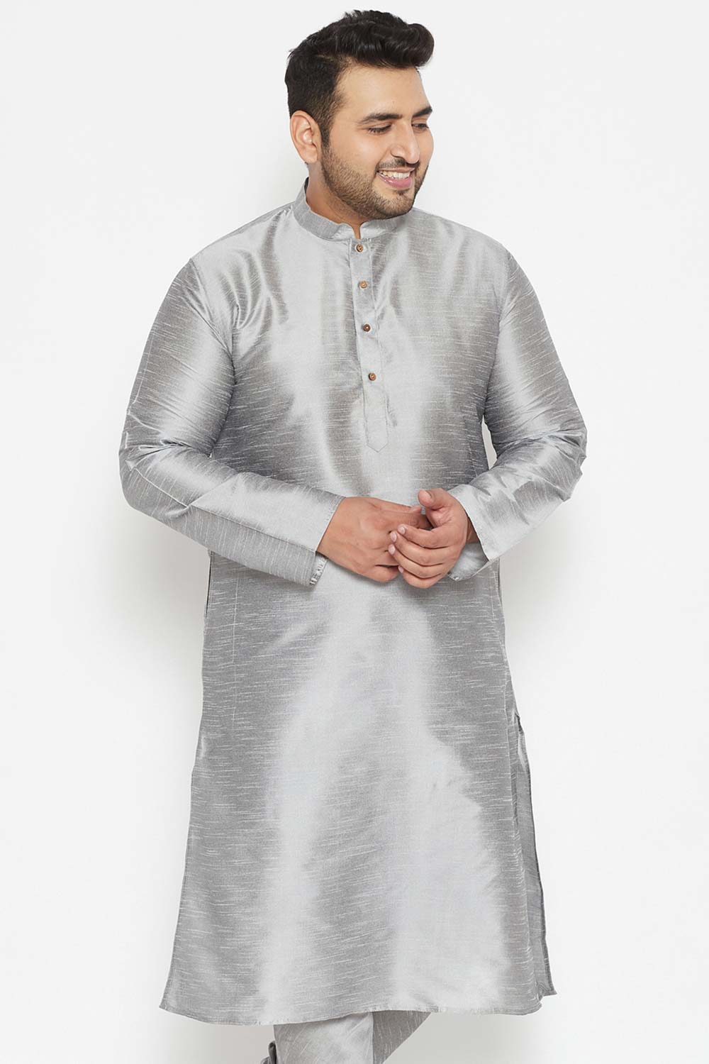 Buy Men's Silk Blend Solid Kurta in Grey - Front