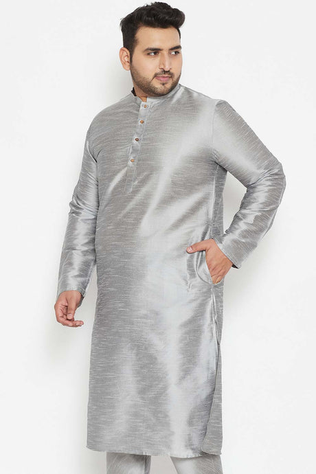 Buy Men's Silk Blend Solid Kurta in Grey - Side