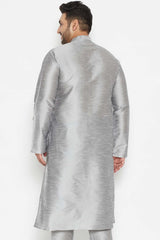 Buy Men's Silk Blend Solid Kurta in Grey - Back