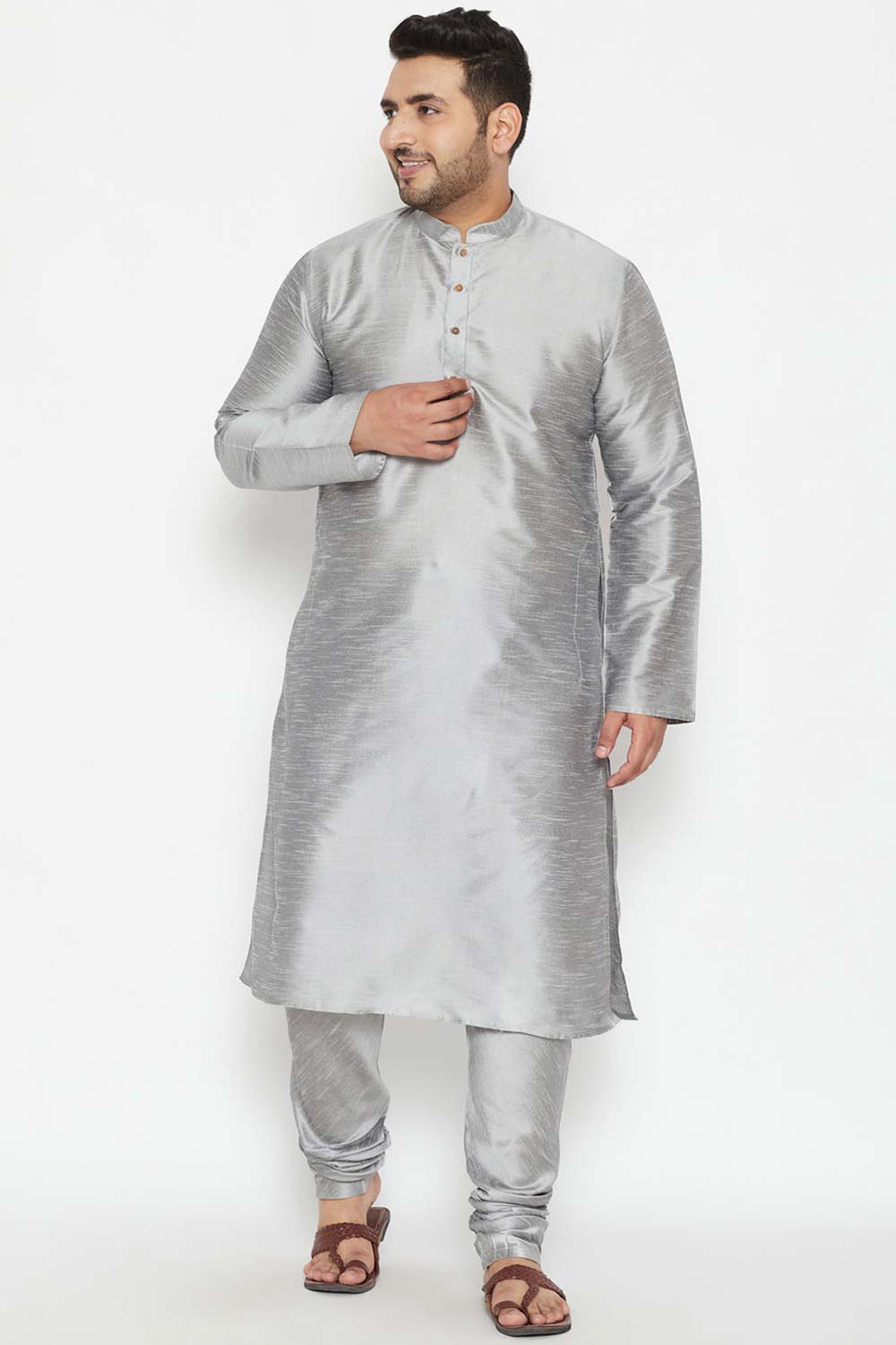 Buy Men's Silk Blend Solid Kurta in Grey - Zoom Out