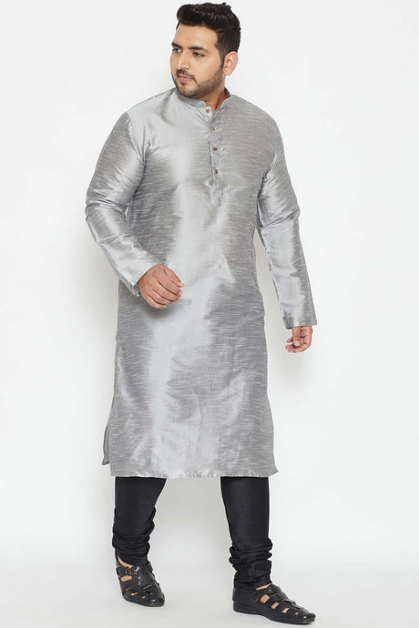 Buy Men's Silk Blend Solid Kurta Set in Grey - Front