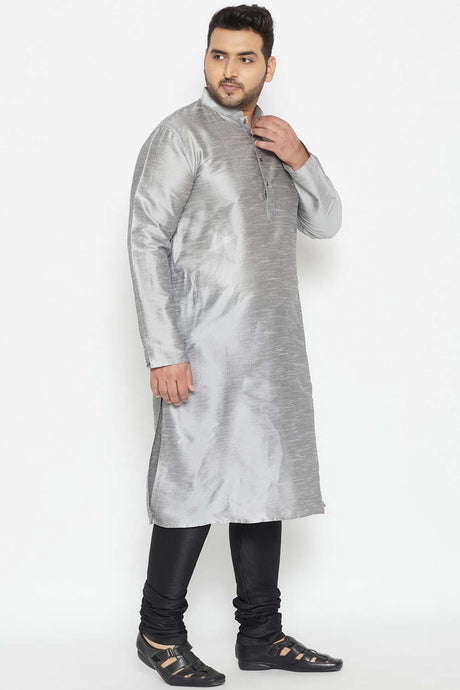 Buy Men's Silk Blend Solid Kurta Set in Grey - Side