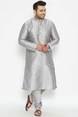 Buy Men's Silk Blend Solid Kurta Set in Grey - Front