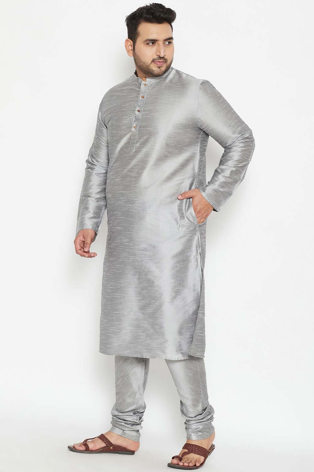 Buy Men's Silk Blend Solid Kurta Set in Grey - Side