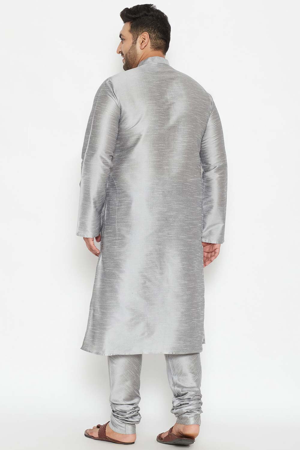 Buy Men's Silk Blend Solid Kurta Set in Grey - Back