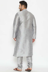 Buy Men's Silk Blend Solid Kurta Set in Grey - Back