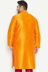 Buy Men's Silk Blend Solid Kurta in Orange - Back