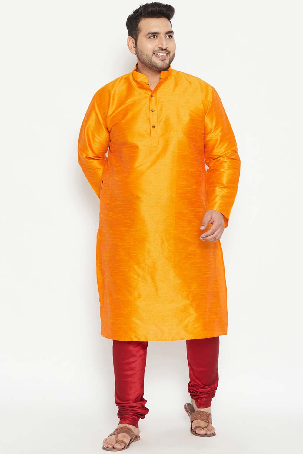 Buy Men's Silk Blend Solid Kurta in Orange - Zoom Out
