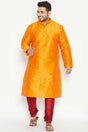 Buy Men's Silk Blend Solid Kurta Set in Orange - Front