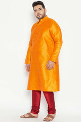 Buy Men's Silk Blend Solid Kurta Set in Orange - Side