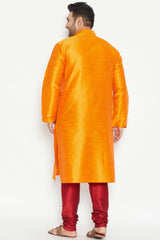 Buy Men's Silk Blend Solid Kurta Set in Orange - Back