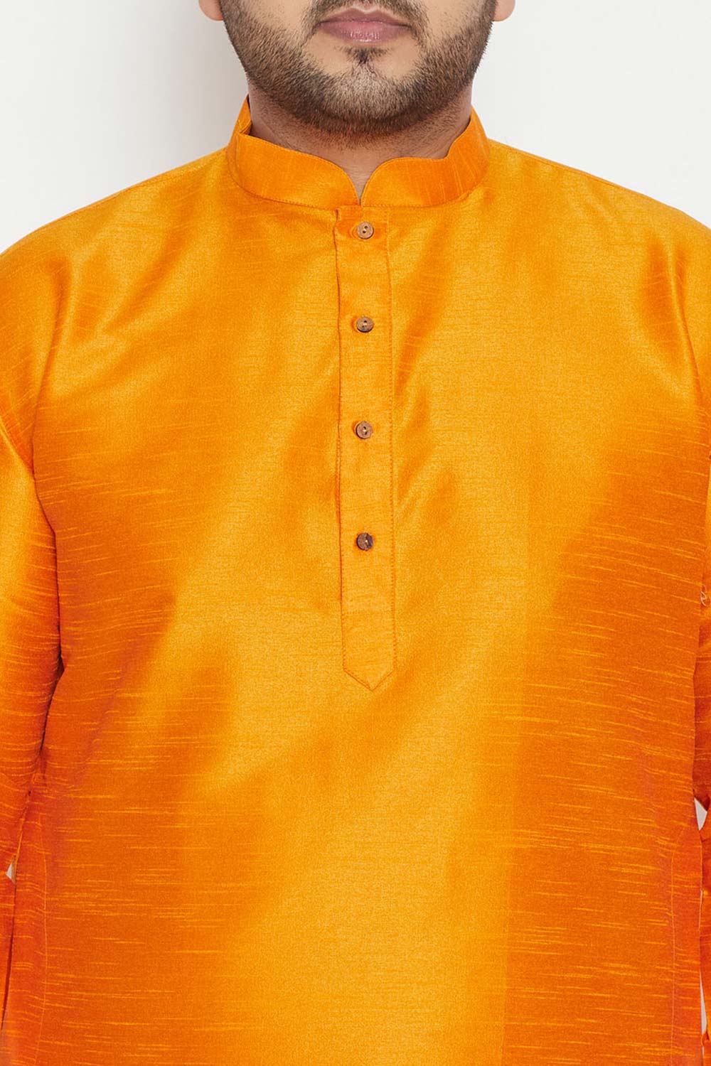 Buy Men's Silk Blend Solid Kurta Set in Orange - Zoom in