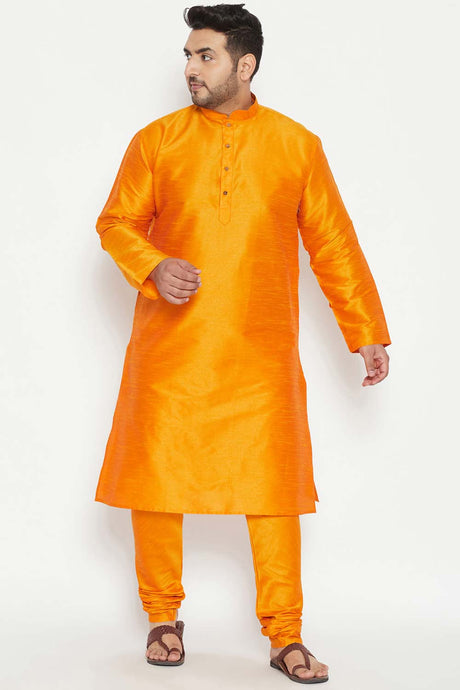 Buy Men's Silk Blend Solid Kurta Set in Orange - Front