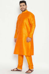 Buy Men's Silk Blend Solid Kurta Set in Orange - Side