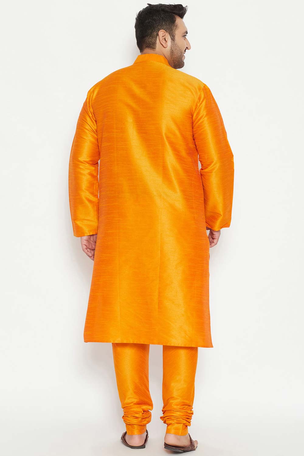 Buy Men's Silk Blend Solid Kurta Set in Orange - Back