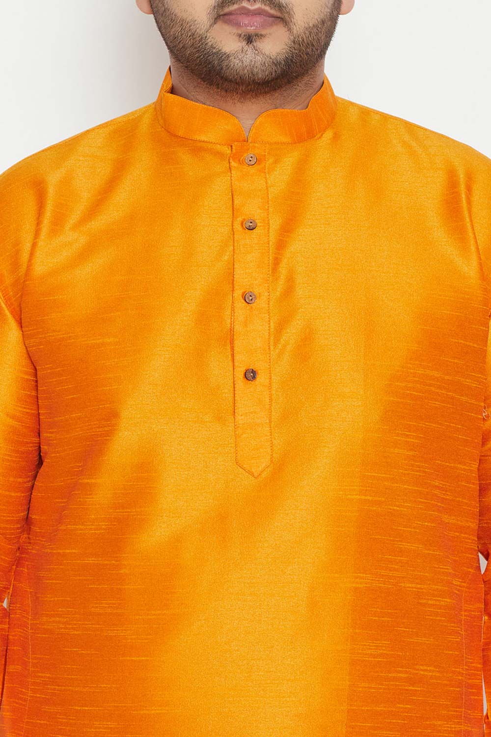 Buy Men's Silk Blend Solid Kurta Set in Orange - Zoom in