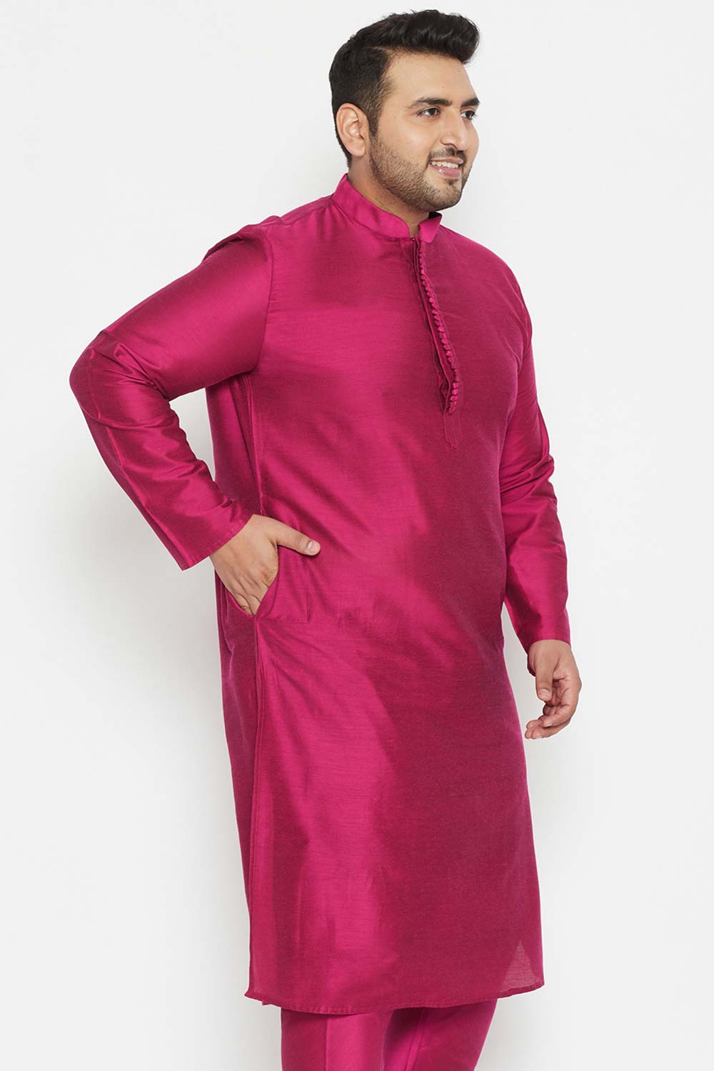 Buy Men's Viscose Blend Solid Kurta in Fushia Pink - Side