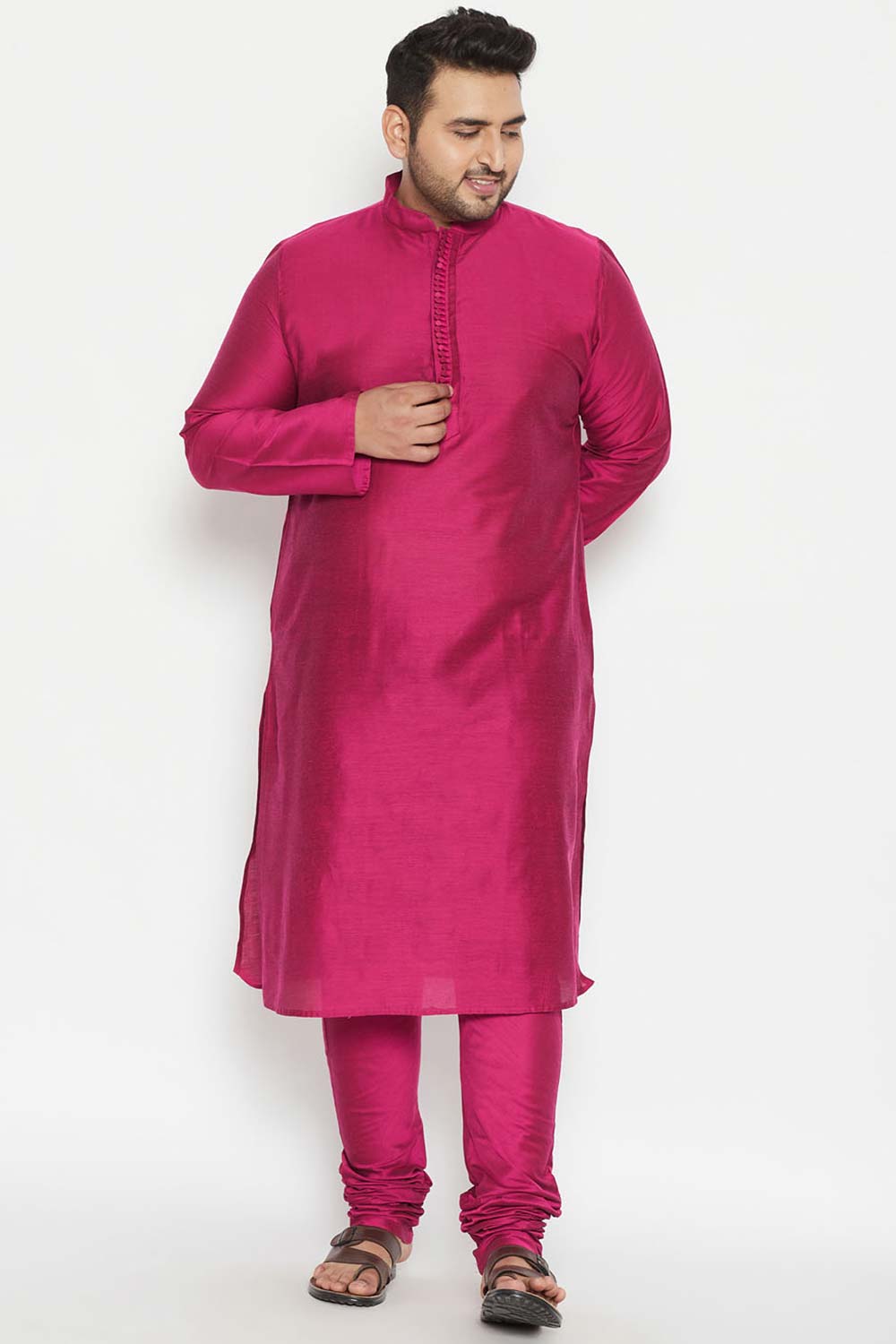 Buy Men's Viscose Blend Solid Kurta in Fushia Pink - Zoom Out