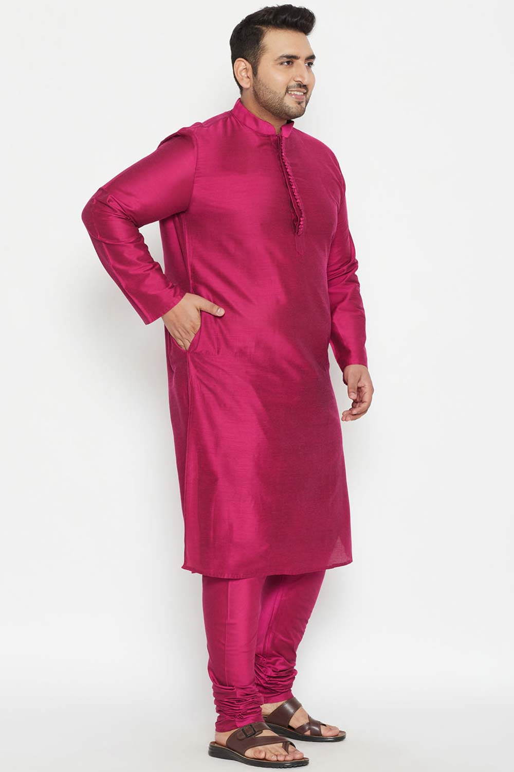 Buy Men's Viscose Blend Solid Kurta in Fushia Pink - Side