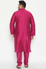 Buy Men's Viscose Blend Solid Kurta in Fushia Pink - Back