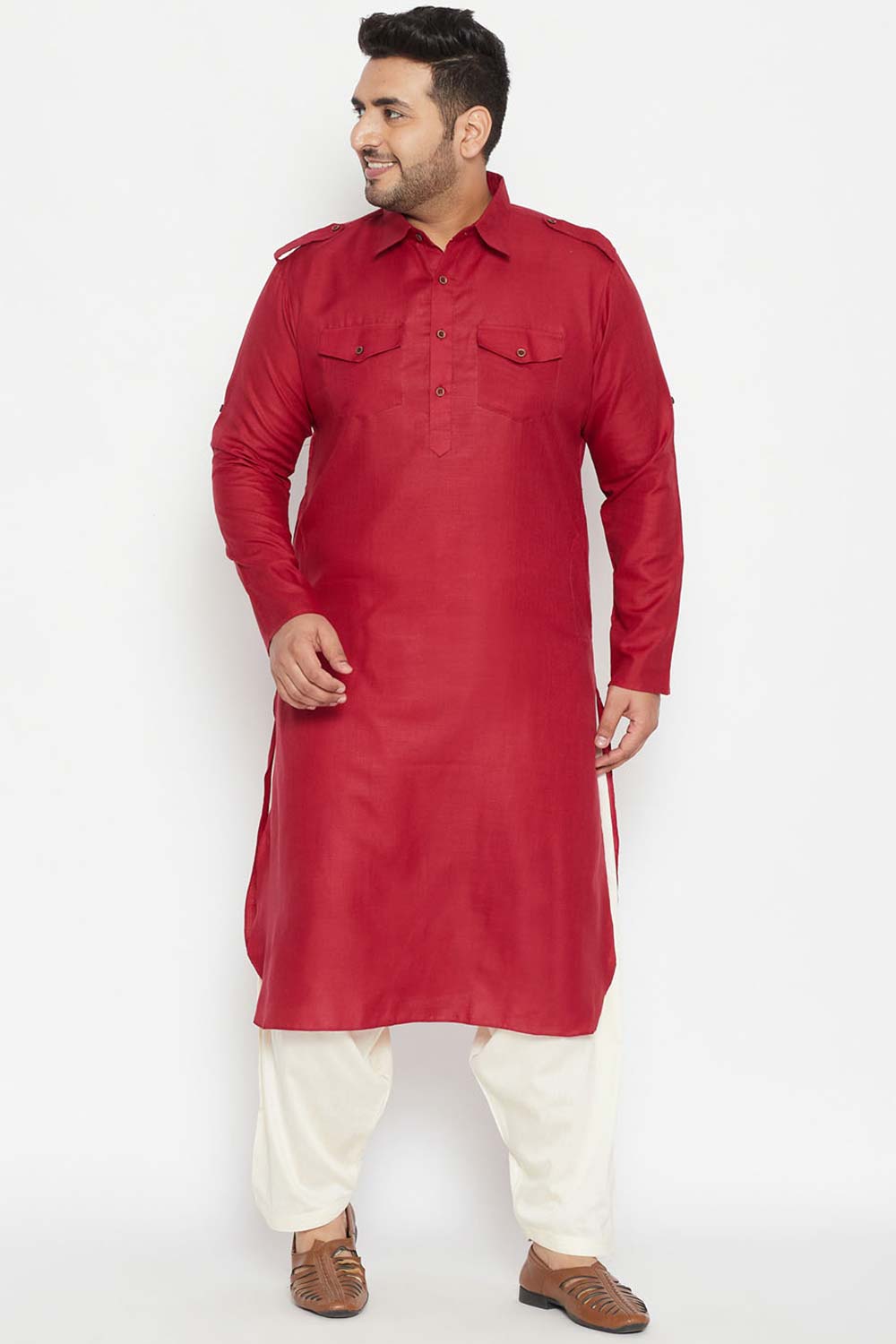 Buy Men's Cotton Blend Solid Kurta in Maroon - Zoom Out