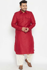 Buy Men's Cotton Blend Solid Kurta Set in Maroon - Front