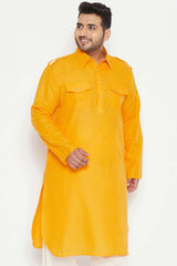 Buy Men's Cotton Blend Solid Kurta in Mustard - Front