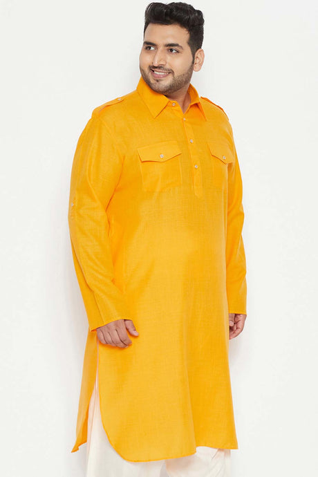 Buy Men's Cotton Blend Solid Kurta in Mustard - Side