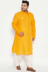 Buy Men's Cotton Blend Solid Kurta Set in Mustard - Front