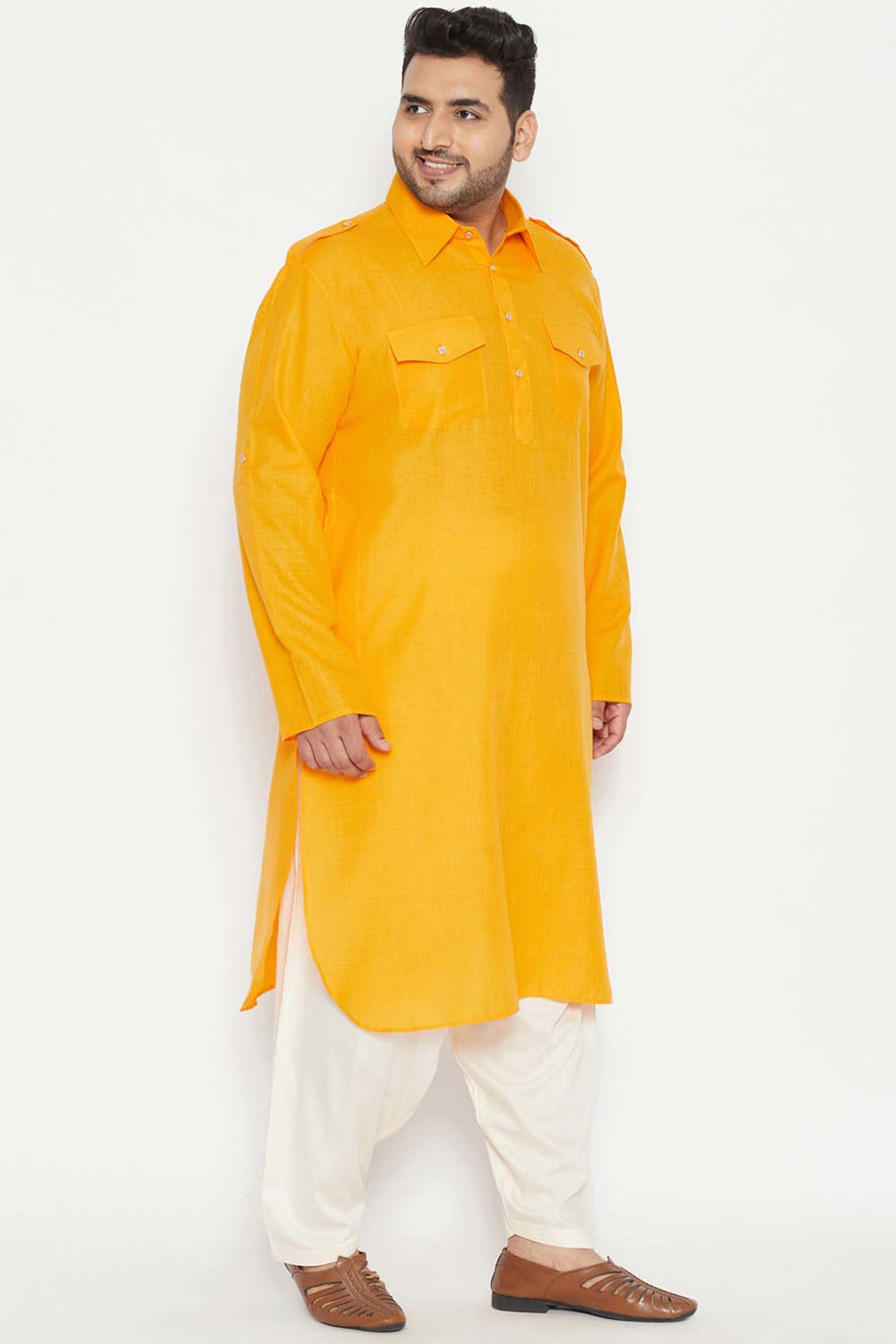 Buy Men's Cotton Blend Solid Kurta Set in Mustard - Side